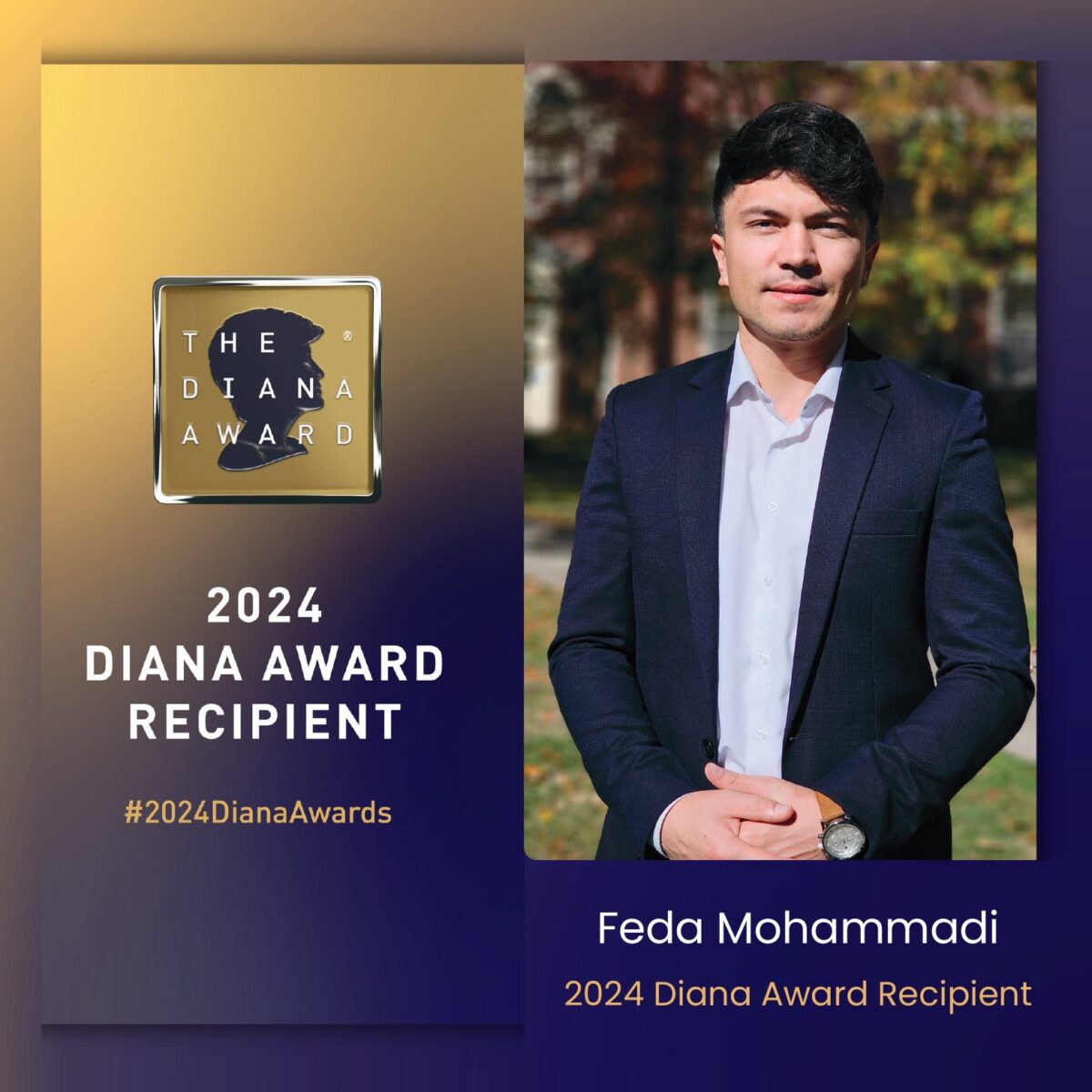 Feda Mohammadi stands beside Diana Award logo